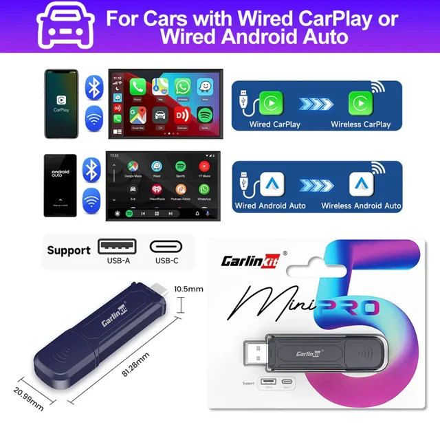 دانگل تبدیل کارپلی و اندروید اتو وایرلس CARLINKIT MINI SE PRO