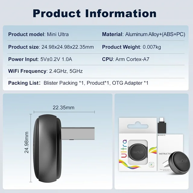 دانگل وایرلس کارپلی و اندروید اتو کارلینکیت مدل Mini Ultra3